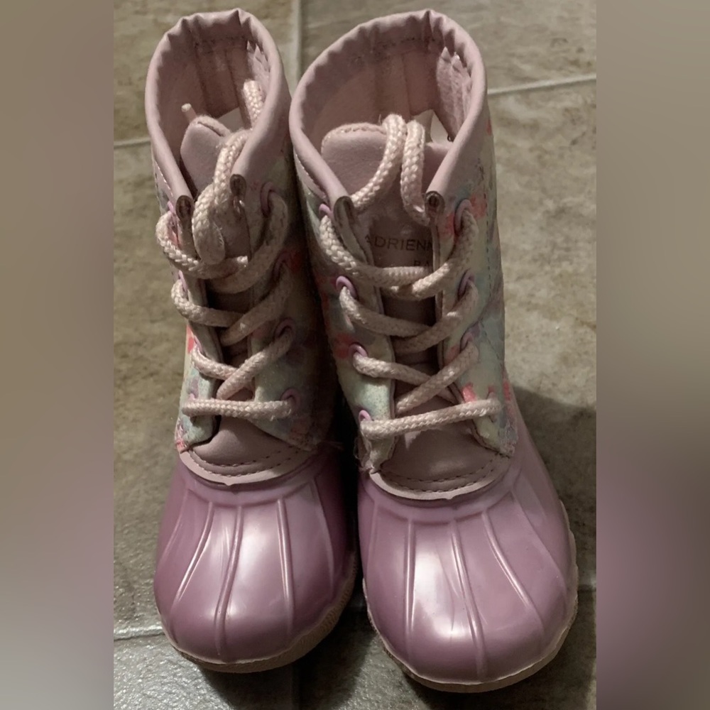 Toddler Girls Size 6 Laceup Pink Rain Duck Boots Glitter Rubber Winter